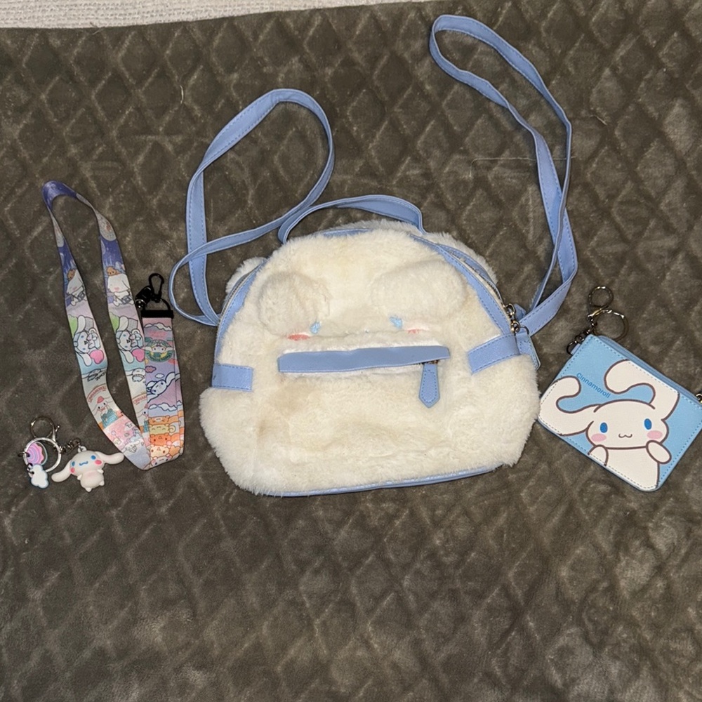 Cute Cinnamoroll Kids Fluffy White and Blue Bag Set with accessories